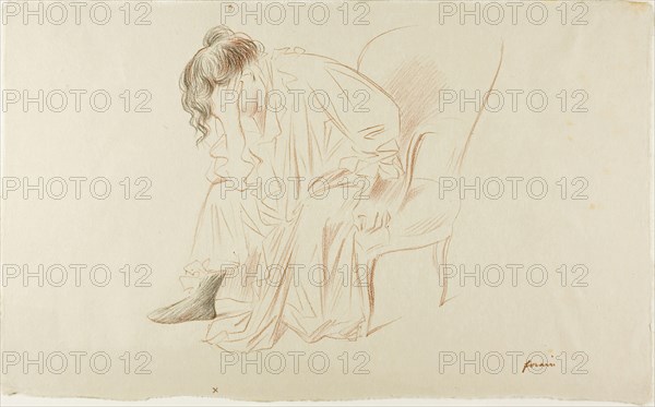 Seated Woman, Head in Right Hand, 1897, Jean Louis Forain, French, 1852-1931, France, Lithograph in sanguine and black on ivory wove paper, 202 × 220 mm (image), 244 × 397 mm (sheet)
