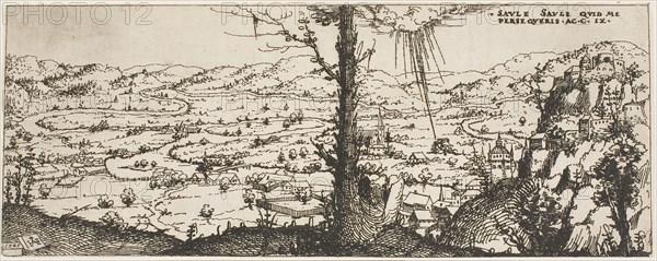 Landscape with a Tree in Center of Foreground, 1545, Augustin Hirschvogel, German, 1503-1553, Germany, Etching on paper, 99 x 251 mm