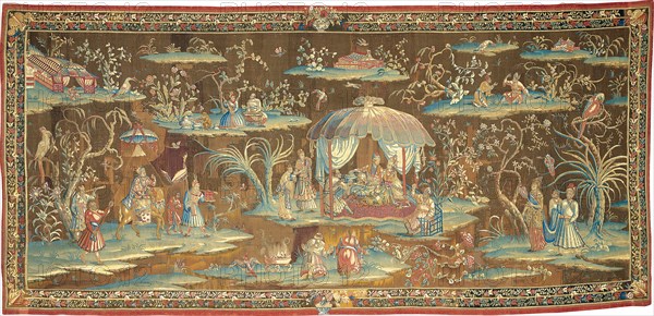 The Tent, from an Indo-Chinese or Indian Series, 1700/25, Woven at the workshop of John Vanderbank (died 1717), Michael Mazarind, or Leonard Chabaneix (died 1708/09), England, London, England, Wool and silk, slit and double interlocking tapestry weave, 482.8 × 230 cm (190 1/8 × 90 1/2 in.)
