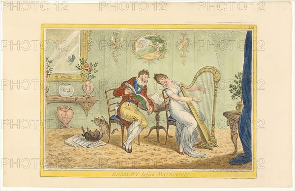Harmony Before Matrimony (recto), Clearing the Five Bar Gate (verso), published October 25, 1805, James Gillray (English, 1756-1815), published by Hannah Humphrey (English, c. 1745-1818), England, Hand-colored etching on paper, 257 × 360 mm (image), 262 × 365 mm (plate), 310 × 482 mm (sheet)