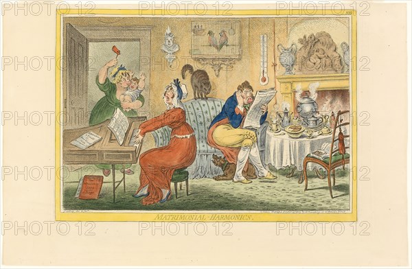 Matrimonial Harmonics (Recto), published October 25, 1805, James Gillray (English, 1756-1815), published by Hannah Humphrey (English, c. 1745-1818), England, Hand-colored etching on paper, 254 × 360 mm (image), 295 × 361 mm (plate), 314 × 484 mm (sheet)