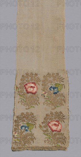 Sash, 18th century, Turkey, Turkey, linen(?), plain weave, embroidered with silk and gilt-metal-strip-wrapped silk in long and short, stem, fishbone, and satin stitches, applied gilt-metal-strip-wrapped silk edging at warp ends, silk and gilt-metal-strip-wrapped silk buttonhole variation edging along weft edge, 155 x 18.5 cm (61 x 7 1/4 in.)