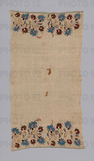 Towel/Napkin, 17th century, Turkey, Turkey, Linen, plain weave, embroidered with silk in double running, twined double running and stem stitches, both selvages present, 92.5 x 48.8 cm (36 3/8 x 19 1/4 in.)