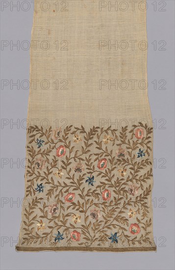Sash, 1720–1800, Turkey, Turkey, Cotton, plain weave, embroidered with silk and metal-strip-wrapped silk, 215.5 x 37.2 cm (84 7/8 x 14 5/8 in.)