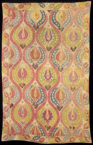 Cover, 17th century, Turkey, Turkey, Linen, plain weave, embroidered with silk in running stitches (twill darning), lined with cotton, plain weave, 217 x 139.5 cm (85 1/2 x 54 7/8 in.)