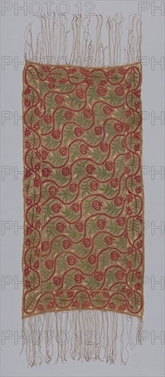 Cover, 17th century, Turkey, Turkey, Linen, plain weave, embroidered with silk floss in running stitches, pattern darning, main warp fringe, 160 x 57.4 cm (63 x 22 5/8 in.)
