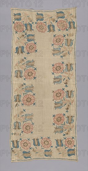 Cover (Possibly for a Tray), 18th century, Turkey, Turkey, embroidered in repeated tulips., 119 x 52.3 cm (46 7/8 x 20 5/8 in.)