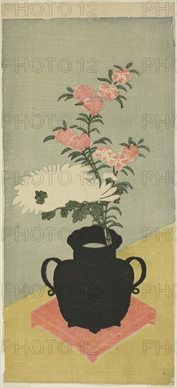 White Chrysanthemums and Pinks in a Black Vase, 1765/70, Attributed to Ippitsusai Buncho, Japanese, active c. 1755-90, Japan, Color woodblock print, hosoban, 33 x 15 cm (13 x 5 7/8 in.)