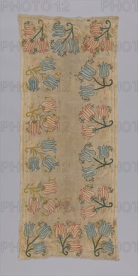 Tray Cloth or Cover, 18th century, Turkey, Turkey, embroidered in repeated tulips., 118.5 x 49.5 cm (46 5/8 x 19 1/2 in.)