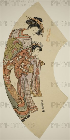 The Courtesan Hanaogi of the Ogiya and her attendant, from the series Fans of the East (Azuma ogi), c. 1777/78, Isoda Koryusai, Japanese, 1735-1790, Japan, Color woodblock print, aibaiban, 45.5 x 32.8 cm (17 7/8 x 12 7/8 in.)