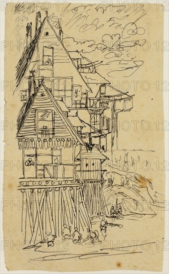 The Edge of the Shore, n.d., Rodolphe Bresdin, French, 1825-1885, France, Pen and black ink, on tan tracing paper, laid down on ivory wove paper, 118 × 71 mm