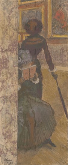 Mary Cassatt at the Louvre: The Paintings Gallery, 1885, Edgar Degas, French, 1834-1917, France, Pastel, over etching, aquatint, drypoint, and crayon électrique on tan wove paper, 305 × 127 mm (image/plate), 313 × 137 mm (sheet)