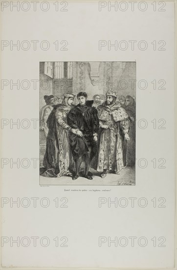 Hamlet and the Queen, plate 1 from Hamlet, 1834, Eugène Delacroix, French, 1798-1863, France, Lithograph in black on off-white China paper laid down on white wove paper, 254 × 198 mm (image), 545 × 361.5 mm (sheet)