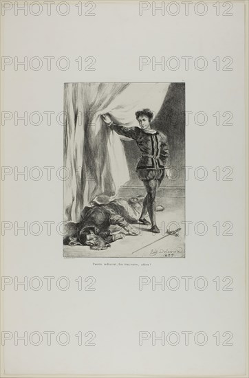 Hamlet and the Body of Polonius, plate 11 from Hamlet, 1835, Eugène Delacroix, French, 1798-1863, France, Lithograph in black on off-white China paper laid down on white wove paper, 256 × 178 mm (image), 545 × 357 mm (sheet)