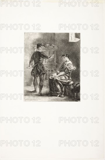 Hamlet and Ophelia, 1835–43, Eugène Delacroix, French, 1798-1863, France, Lithograph in black on off-white China paper laid down on white wove paper, 242 × 198 mm (image), 550 × 360 mm (sheet)