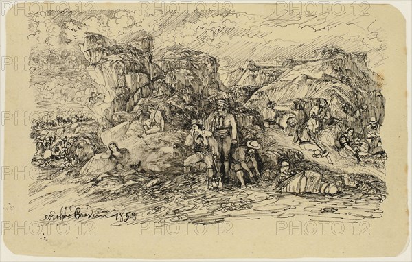 The Smugglers, 1858, Rodolphe Bresdin, French, 1825-1885, France, Pen and black ink, on cream wove paper, laid down on ivory wove paper, 139 × 222 mm