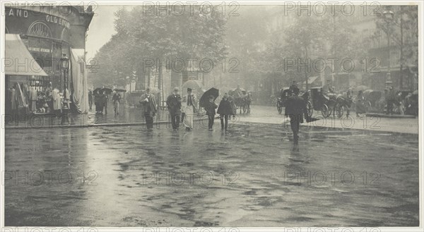 A Wet Day on the Boulevard, Paris, 1894, printed c. 1897, Alfred Stieglitz, American, 1864–1946, Publisher: R. H. Russell, American, Unknown, New York, Photogravure, 15.3 x 28.4 cm (image), 15.6 x 28.7 cm (paper), 34.4 x 42.3 cm (mount)