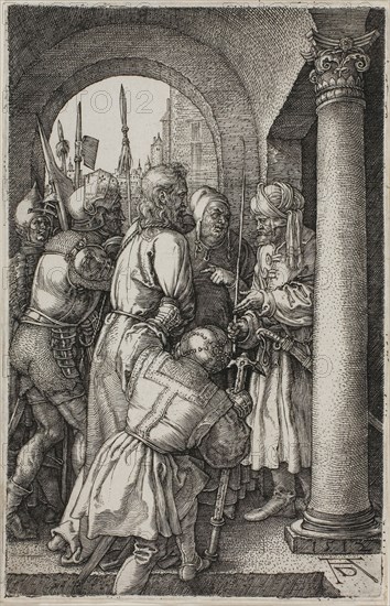 Christ Before Pilate, from The Engraved Passion, 1512, published 1513, Albrecht Dürer, German, 1471-1528, Germany, Engraving in black on ivory laid paper, 118 x 75 mm (image/plate), 119 x 77 mm (sheet)