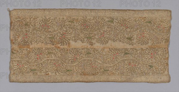 Fragment (Towel or Napkin), 1875/1900, Turkey, Turkey, Towel ends, embroidered in gold in design of running floral spray, 23.2 x 51.2 cm (9 1/8 x 20 1/8 in.)