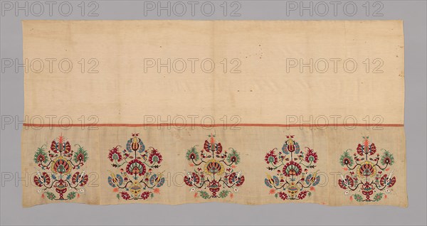 Bed Valance, 18th century, Greece, Northern Sporades Islands, Skíros, Skíros, Upper portion: cotton, plain weave, center band: silk, plain weave, lower portion: linen, plain weave, embroidered with silk in back, double running, running (pattern darning), satin, split, and stem stitches, 109.5 x 228.7 cm (43 1/8 x 90 in.)