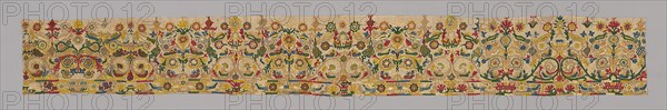 Border (For a Skirt), 18th century, Greece, Crete, Crete, Linen, plain weave, embroidered with silk in chain, closed herringbone, Cretan, open chain, overcast back, satin, single back, and stem stitches, French knots, six panels joined, 32.3 × 249.3 cm (12 3/4 × 98 1/8 in.)