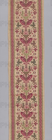 Panel (For a Bed Curtain), 17th century, Greece, Dodecanese Islands, Patmos, Pátmos, Linen, plain weave, embroidered with silk in cross, double running, running (pattern darning), satin, and stem stitches, 244.8 x 30.3 cm (96 3/8 x 11 7/8 in.)