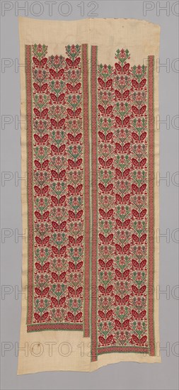 Panel (Half of a Bed Curtain), 17th century, Greece, Dodecanese Islands, Patmos, Pátmos, Linen, plain weave, embroidered with silk in chain, double running, running (pattern darning), satin, and stem stitches, two loom widths joined, 278.8 x 111.4 cm (109 3/4 x 43 3/4 in.)