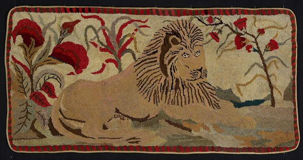 Lion with Palms (Rug), 1890/1900, After a pattern designed by Ebenezer Ross (American, active c. 1890–1900), United States, Ohio, Toledo, Ohio, Jute, plain weave with wool and cotton yarns, knitted and woven strips forming "hooked" pile, edged with cotton, twill weave, 152.8 x 77.3 cm (60 1/8 x 30 3/8 in.)