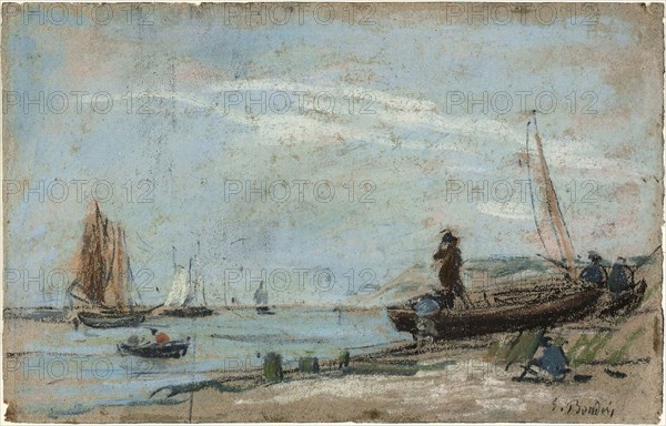 Beach with Fishing Boats (recto), Landscape with Farmer Plowing a Field (verso), 1870/79, Eugène Louis Boudin, French, 1824-1898, France, Pastel on (recto) and charcoal (verso) on grayish-tan wove paper, 195 × 307 mm