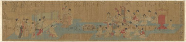 United by Music, Ming dynasty (1368–1644), 15th/16th century, Chinese, Traditionally attributed to Zhou Wenju (10th century), China, Handscroll, ink and colors on silk, 41.9 × 184.2 cm