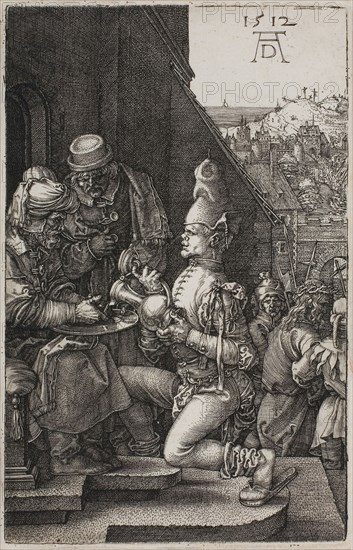 Pilate Washing his Hands, from The Engraved Passion, 1512, published 1513, Albrecht Dürer, German, 1471-1528, Germany, Engraving in black on ivory laid paper, 116 x 74 mm (image/plate), 119 x 77 mm (sheet)
