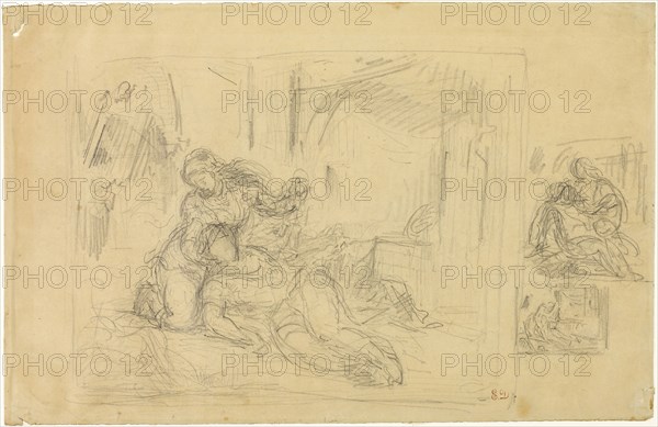 Woman Dying(?), Man in Bedroom, Two Sketches of Same, n.d., Eugène Delacroix, French, 1798-1863, France, Graphite, on tan wove paper, 230 × 357 mm