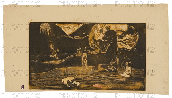Maruru (Offerings of Gratitude), from the Noa Noa Suite, 1893/94, Paul Gauguin, French, 1848-1903, France, Wood-block print, printed twice in yellow ocher and black inks, with selective wiping of the black ink, over a yellow ink tone block, transferred golden-yellow, green, and red-orange, and stenciled red oil-based media, some containing beeswax and conifer resin (probably pine resin), on cream wove paper, 204 × 356 mm (image), 264 × 502 mm (sheet)