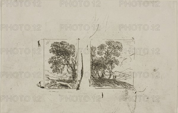 The Two Landscapes, c. 1630, Claude Lorrain, French, 1600-1682, France, Etching on ivory laid paper, 125 × 194 mm (image/sheet, cut within platemark)