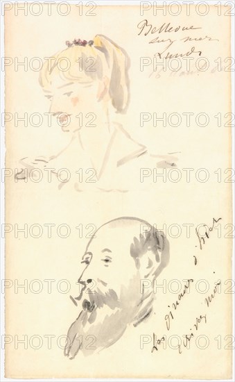 Head of a Woman and Head of a Bearded Man, 1880, Édouard Manet, French, 1832-1883, France, Watercolor with pen and brown ink and graphite on cream wove paper, 201 x 124 mm