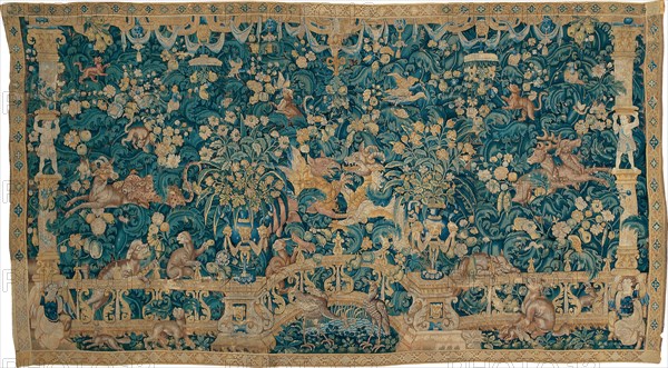 Large Leaf Verdure with Proscenium, Animals, and Birds, 1525/50, Southern Netherlands, Southern Netherlands, Wool and silk, slit and double interlocking tapestry weave, 523.2 x 288.9 cm (206 x 113 3/4 in.)
