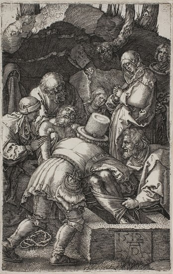 Deposition, from The Engraved Passion, 1512, published 1513, Albrecht Dürer, German, 1471-1528, Germany, Engraving in black on ivory laid paper, 118 x 75 mm (image/plate), 121 x 78 mm (sheet)