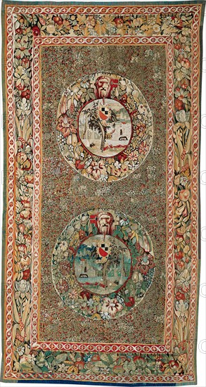 Millefleur with Medallions, 1540/60, Flanders, Bruges, Bruges, Wool, cotton and silk, slit and double interlocking tapestry weave, 162 × 300.8 cm (63 3/4 × 118 1/2 in.)