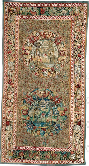 Millefleur with Medallions, 1540/60, Flanders, Bruges, Bruges, Wool, cotton and silk, slit and double interlocking and dovetailed tapestry weaves, 161.4 × 304.2 cm (63 1/2 × 119 3/4 in.)