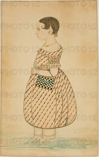 Little Girl with Checkered Purse in Profile to the Left, n.d., Unknown Artist, American or English, 19th century, United States, Graphite, pen and black ink, and watercolor, on cream wove paper (discolored), 121 x 75 mm