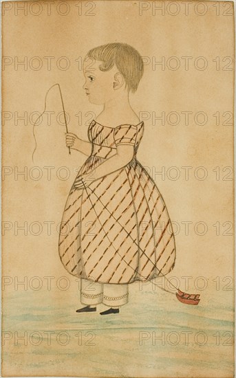 Standing Girl in Profile to Left with Whip and Toy Sleigh, n.d., Unknown Artist, American or English, 19th century, United States, Graphite, pen and black ink, and watercolor, on cream wove paper (discolored), 121 x 75 mm