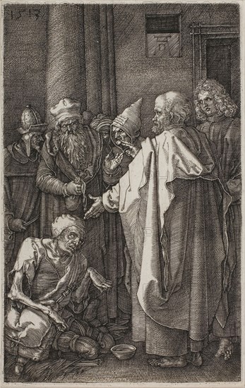 St. Peter and St. John Healing the Cripple, from The Engraved Passion, 1513, published 1513, Albrecht Dürer, German, 1471-1528, Germany, Engraving in black on ivory laid paper, 116 x 73 mm (image/plate), 119 x 75 mm (sheet)