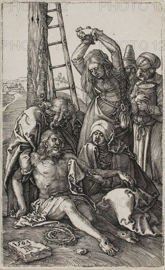 Lamentation of Christ, from The Engraved Passion, 1507, published 1513, Albrecht Dürer, German, 1471-1528, Germany, Engraving in black on ivory laid paper, 116 x 70 mm (image/plate), 118 x 73 mm (sheet)