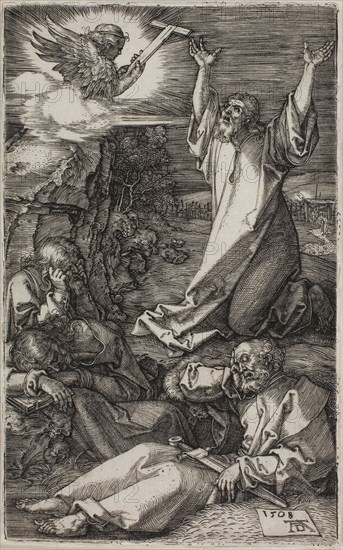 Agony in the Garden, from The Engraved Passion, 1508, published 1513, Albrecht Dürer, German, 1471-1528, Germany, Engraving in black on ivory laid paper, 117 x 72 mm (image/plate), 119 x 74 mm (sheet)