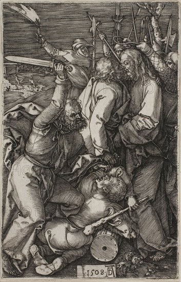 Betrayal of Christ, from The Engraved Passion, 1508, published 1513, Albrecht Dürer, German, 1471-1528, Germany, Engraving in black on ivory laid paper, 117 x 74 mm (image/plate), 119 x 77 mm (sheet)