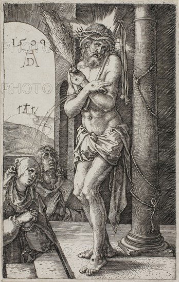Man of Sorrows by the Column, frontispiece from The Engraved Passion, 1509, published 1513, Albrecht Dürer, German, 1471-1528, Germany, Engraving in black on ivory laid paper, 119 x 74 mm (image/plate), 122 x 77 mm (sheet)