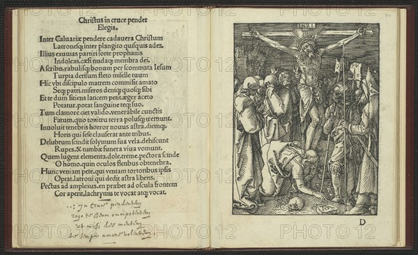 The Small Woodcut Passion, 1511, Albrecht Dürer, German, 1471-1528, Germany, Woodcut and letterpress in black, with additions in pen and brown ink on cream laid paper, in modern full red calfskin, sewn on raised bands, with blind fillets around inner-edges of boards, blind lines and gold titling on the spine, and hand-sewn silk headbands, 159 x 119 mm
