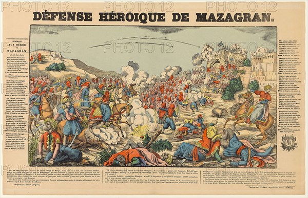 Heroic Defense of Mazagran, late 18th or early 19th century, Unknown artist, Printed by Jean-Charles Pellerin (French, 1756-1836), France, Woodcut with hand-coloring on cream wove paper, 308 × 534 mm (image), 419 × 652 mm (sheet)