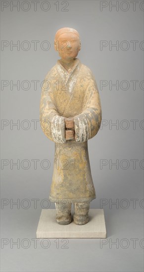 Female Attendant (Tomb Figurine), Western Han dynasty (206 B.C.–A.D. 9), c. 2nd century B.C., China, probably Shaanxi province, China, Gray earthenware with slip coating and polychrome pigments, 57.2 × 18.0 × 14.8 cm (22 1/2 × 7 1/16 × 5 13/16 in.)