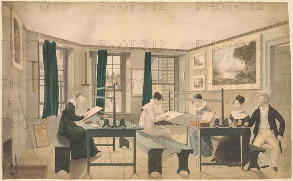 The Drawing Class, 1810/13, Unknown Artist, American, 19th century, United States, Watercolor over graphite on cream wove paper, laid down on cream board, 372 x 609 mm